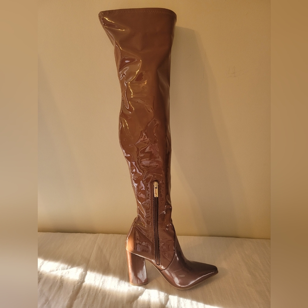 JLo Dorice Brown Patent Leather Over the Knee Boots